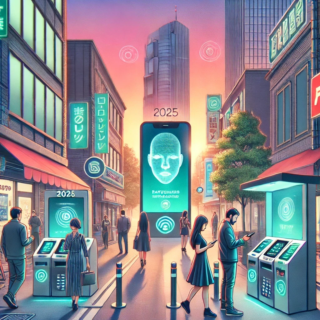 An illustration depicting the future of cashless payments in Japan by 2025. The scene features a vibrant urban street with people using innovative payment methods such as facial recognition kiosks, wearable devices like smartwatches for contactless payments, and implantable payment chips. The background is modern and clean, emphasizing advanced technology, and all unnecessary objects like poles or sticks are removed for a seamless look.